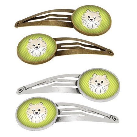 CAROLINES TREASURES Checkerboard Lime Green Pomeranian Barrettes Hair Clips, Set of 4, 4PK BB1269HCS4